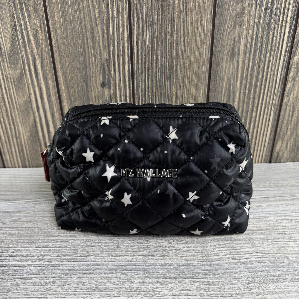 MZ Wallace Black Quilted Nylon Cosmetic Bag White Star Print Red Lining